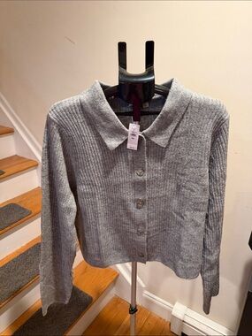 GAP Light Gray Ribbed Button-Up Cardigan with Collar Size XXL NWT